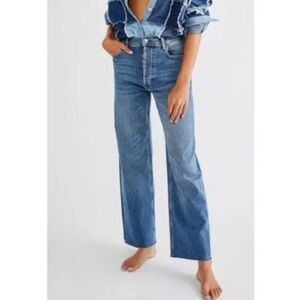 Boyish The Mikey High Rise Wide Leg Jeans 27 Stretch Raw Hem Button Fly Blue